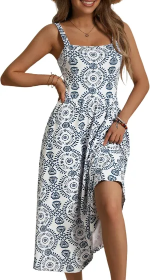 FENSACE Women's Summer Strapped Square Neck Boho Floral A Line Midi Dress with Pockets