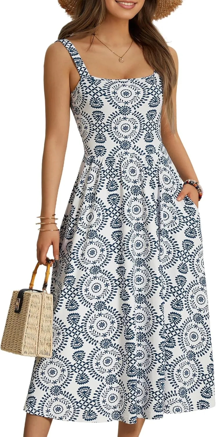 FENSACE Women's Summer Strapped Square Neck Boho Floral A Line Midi Dress with Pockets