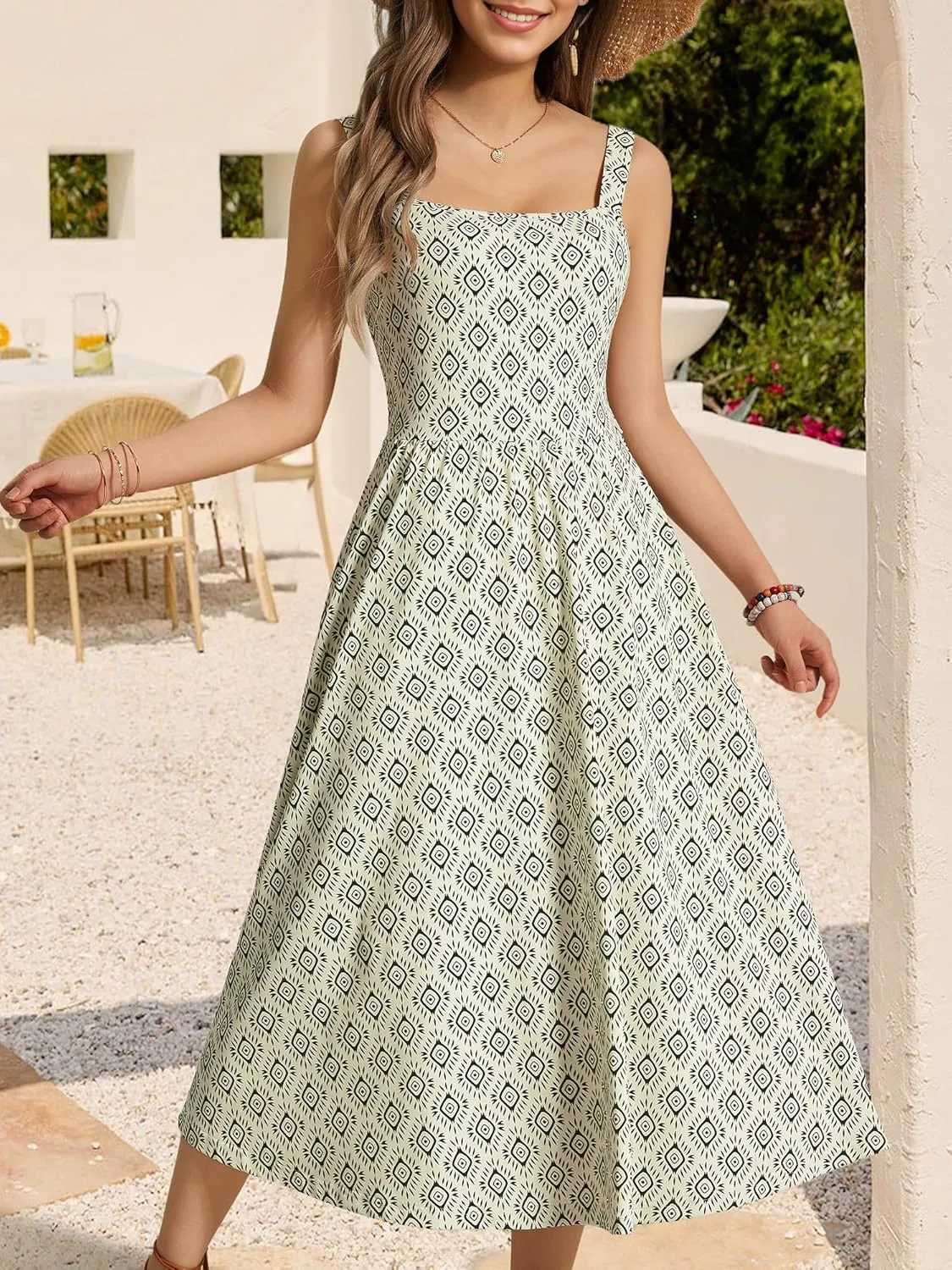 FENSACE Women's Summer Strapped Square Neck Boho Floral A Line Midi Dress with Pockets
