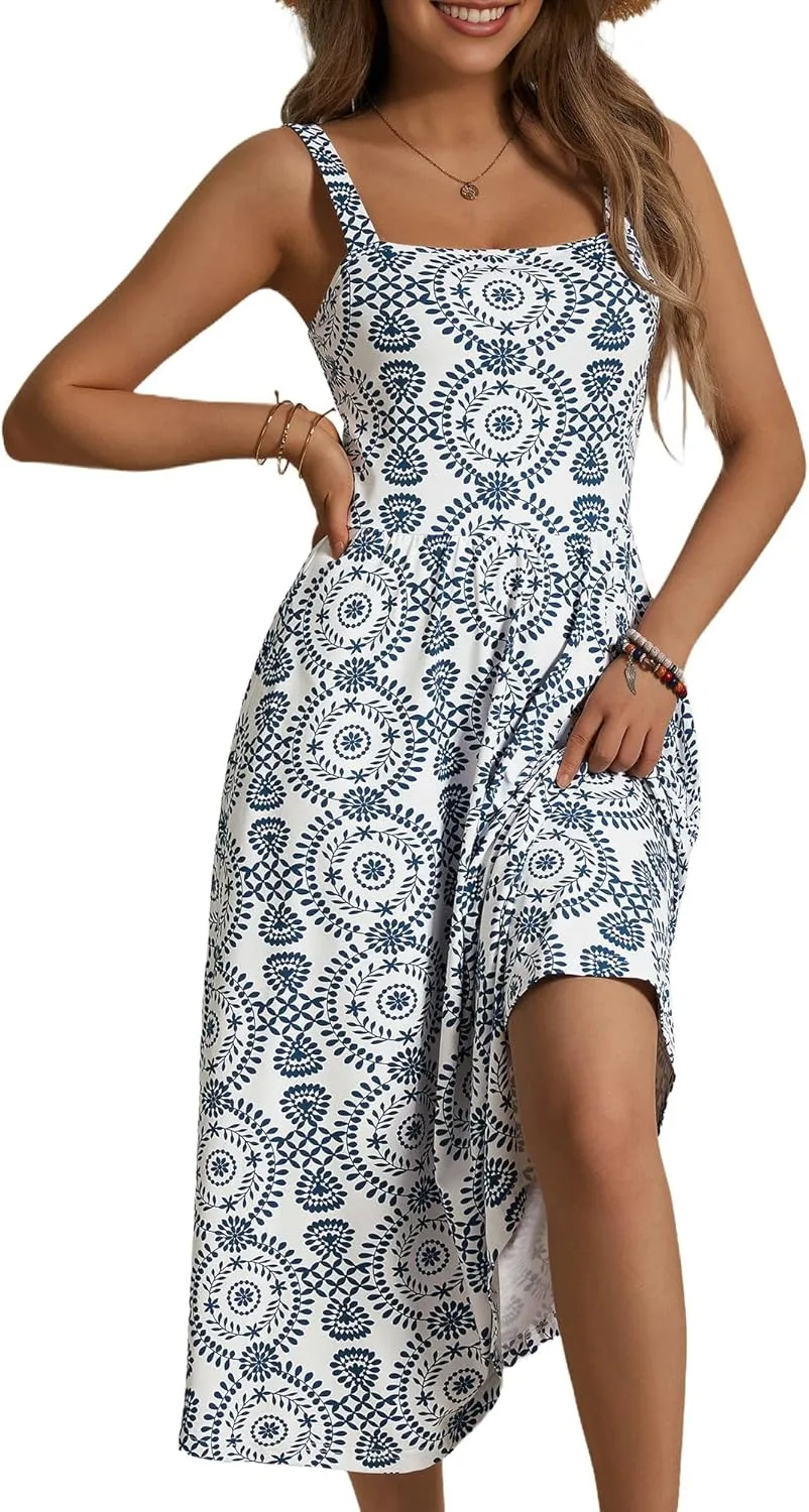 FENSACE Women's Summer Strapped Square Neck Boho Floral A Line Midi Dress with Pockets