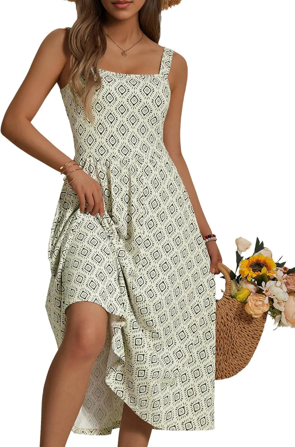 FENSACE Women's Summer Strapped Square Neck Boho Floral A Line Midi Dress with Pockets