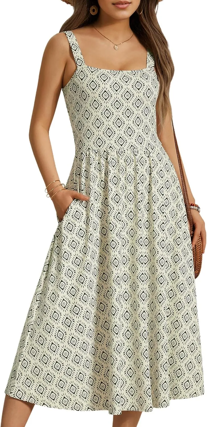 FENSACE Women's Summer Strapped Square Neck Boho Floral A Line Midi Dress with Pockets