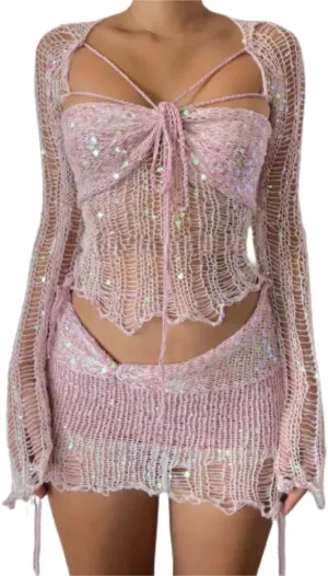 Fronage Women Sequin Crochet Skirt Set Y2k Lace Up Long Sleeve Knitted Shrug Crop Top Sparkle Skirts 3 Piece Dress
