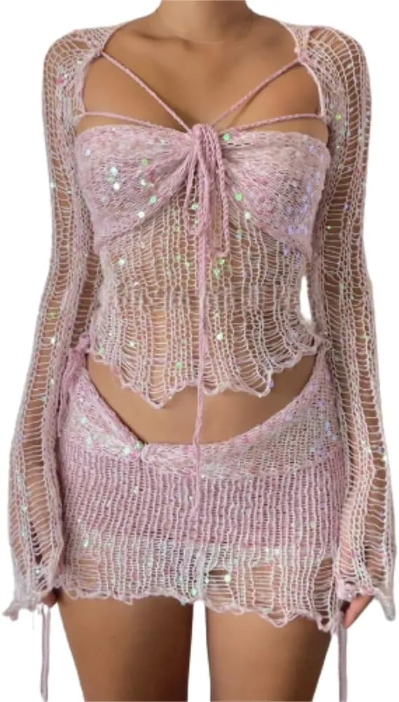 Fronage Women Sequin Crochet Skirt Set Y2k Lace Up Long Sleeve Knitted Shrug Crop Top Sparkle Skirts 3 Piece Dress