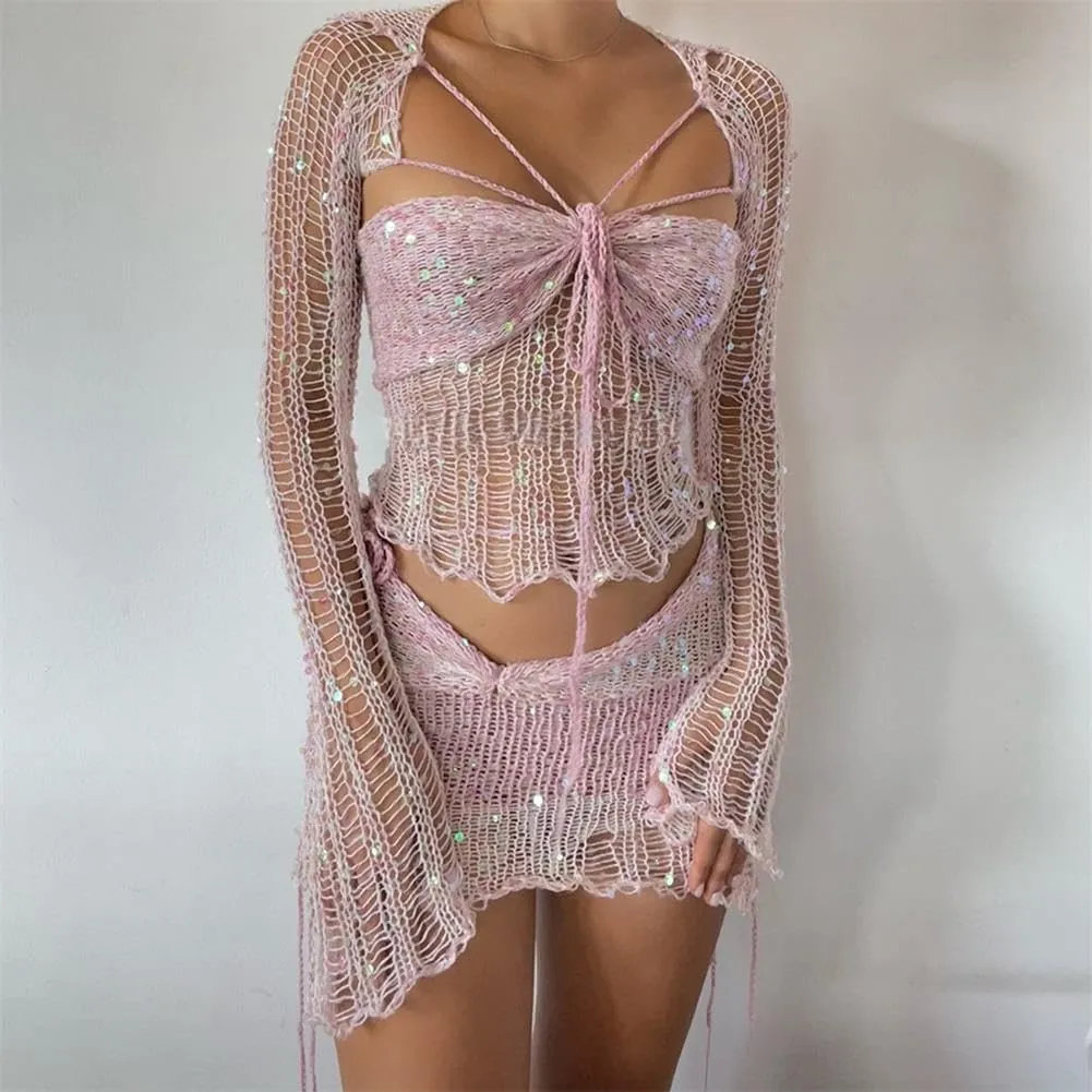 Fronage Women Sequin Crochet Skirt Set Y2k Lace Up Long Sleeve Knitted Shrug Crop Top Sparkle Skirts 3 Piece Dress