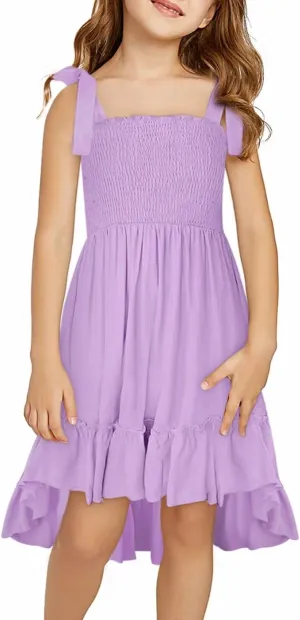 Girls Sundress Sleeveless Bowknot Strap Smocked Dress 4-13 Years