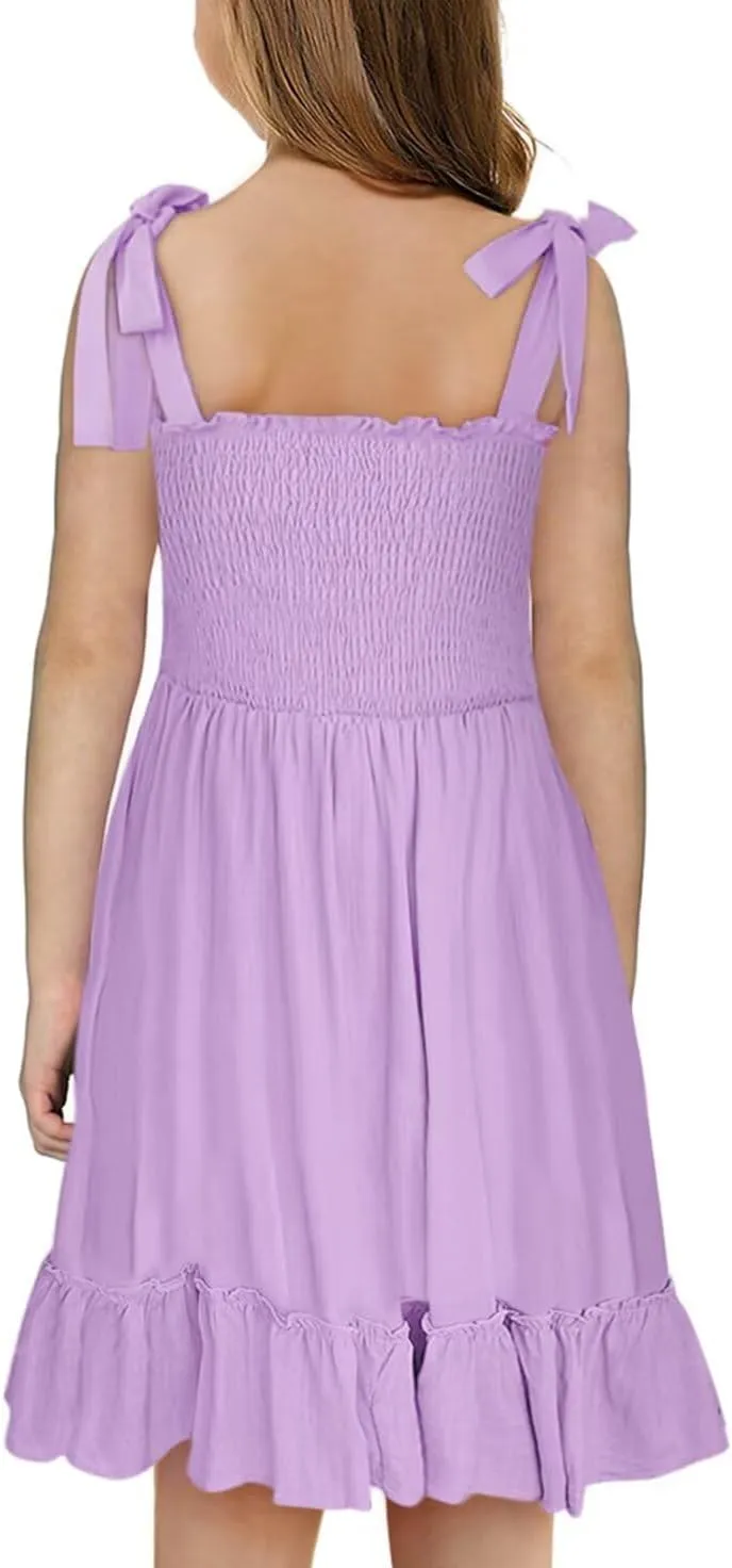 Girls Sundress Sleeveless Bowknot Strap Smocked Dress 4-13 Years