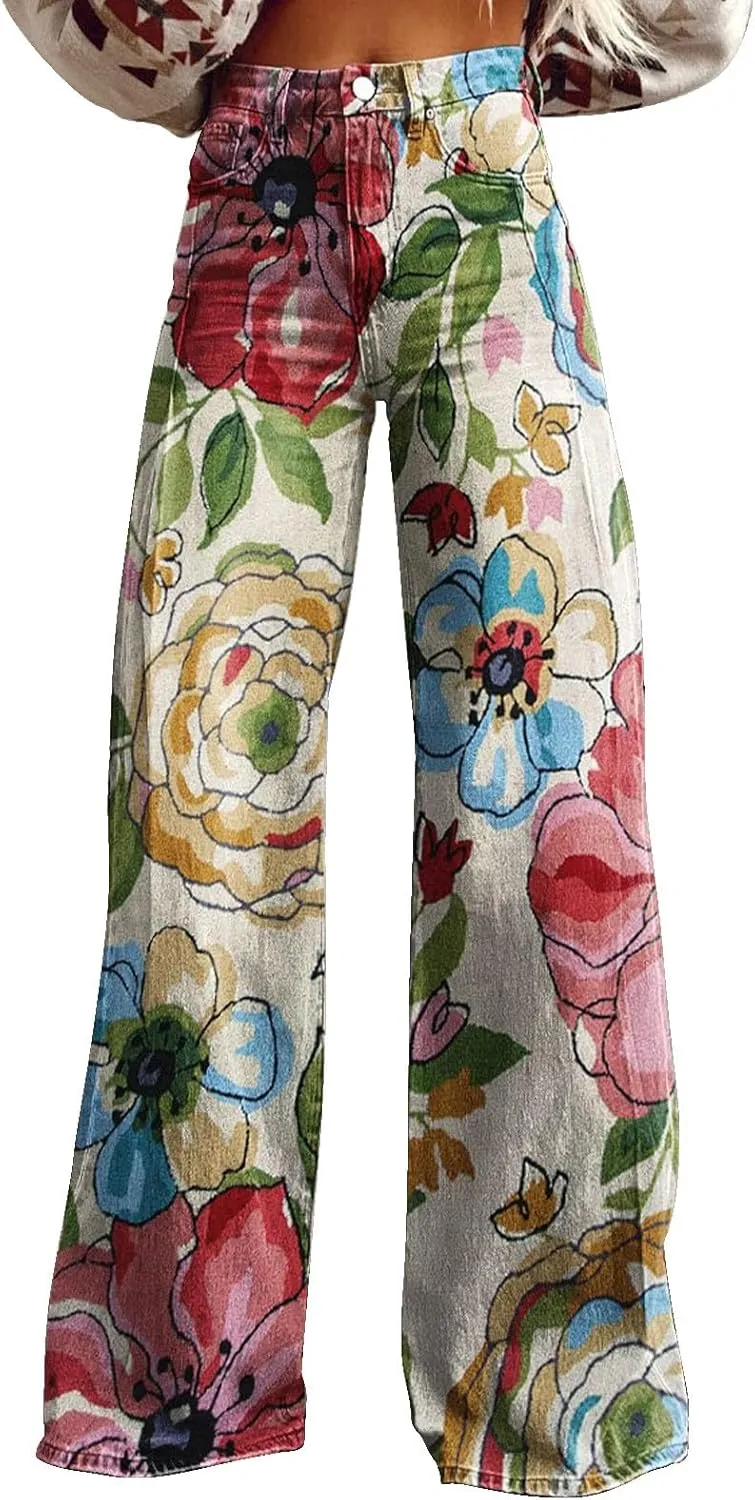 GOKKILRW Wide Leg Pants Woman High Waist Floral Patterned Pants Lightweight Loose Fit Casual Colorful Trouser Imitation Jeans