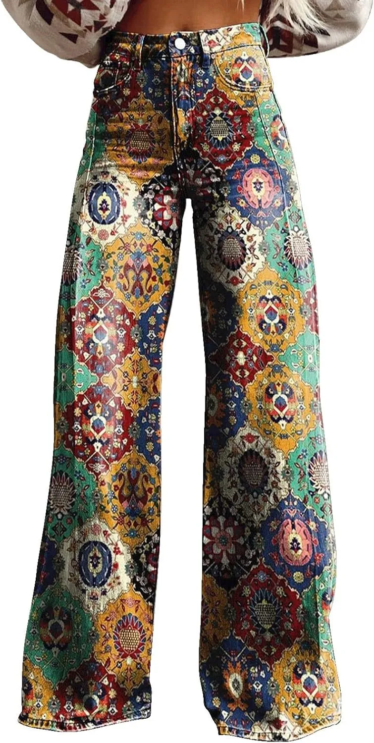 GOKKILRW Wide Leg Pants Woman High Waist Floral Patterned Pants Lightweight Loose Fit Casual Colorful Trouser Imitation Jeans
