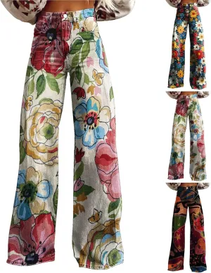 GOKKILRW Wide Leg Pants Woman High Waist Floral Patterned Pants Lightweight Loose Fit Casual Colorful Trouser Imitation Jeans