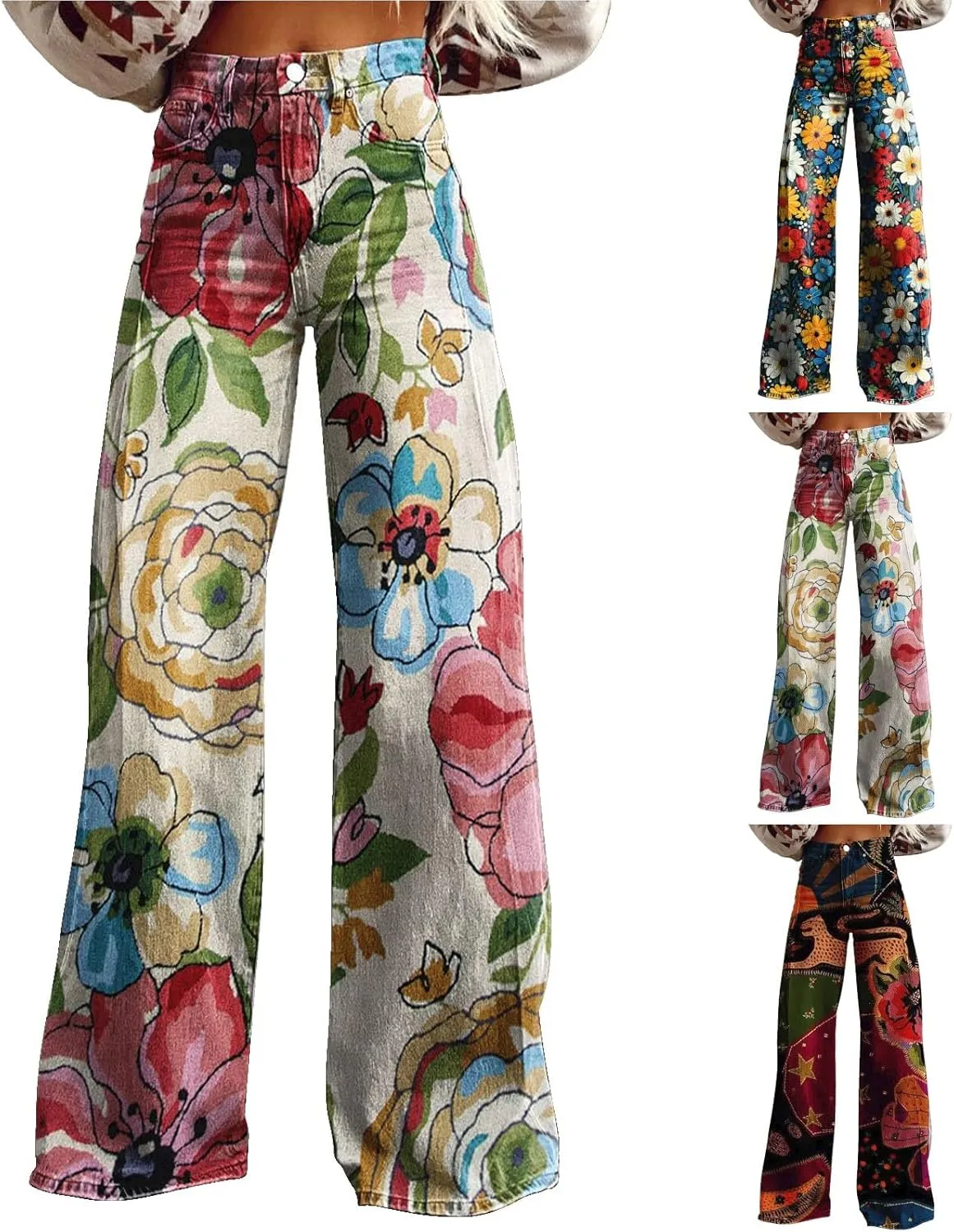 GOKKILRW Wide Leg Pants Woman High Waist Floral Patterned Pants Lightweight Loose Fit Casual Colorful Trouser Imitation Jeans