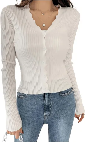 GORGLITTER Women's Button Up Cardigan Open Front Ribbed Knit Sweater Long Sleeve Tops White X-Large