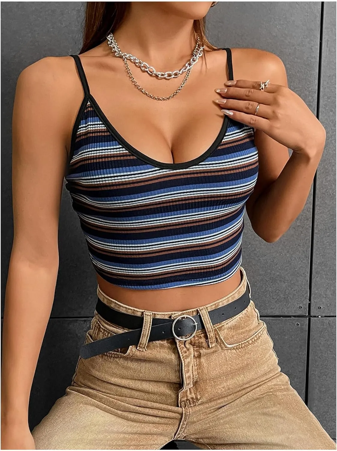 GORGLITTER Women's Striped Camisole Cropped Sleeveless Spaghetti Strap Cute Double Lined Tank Tops Summer Fashion