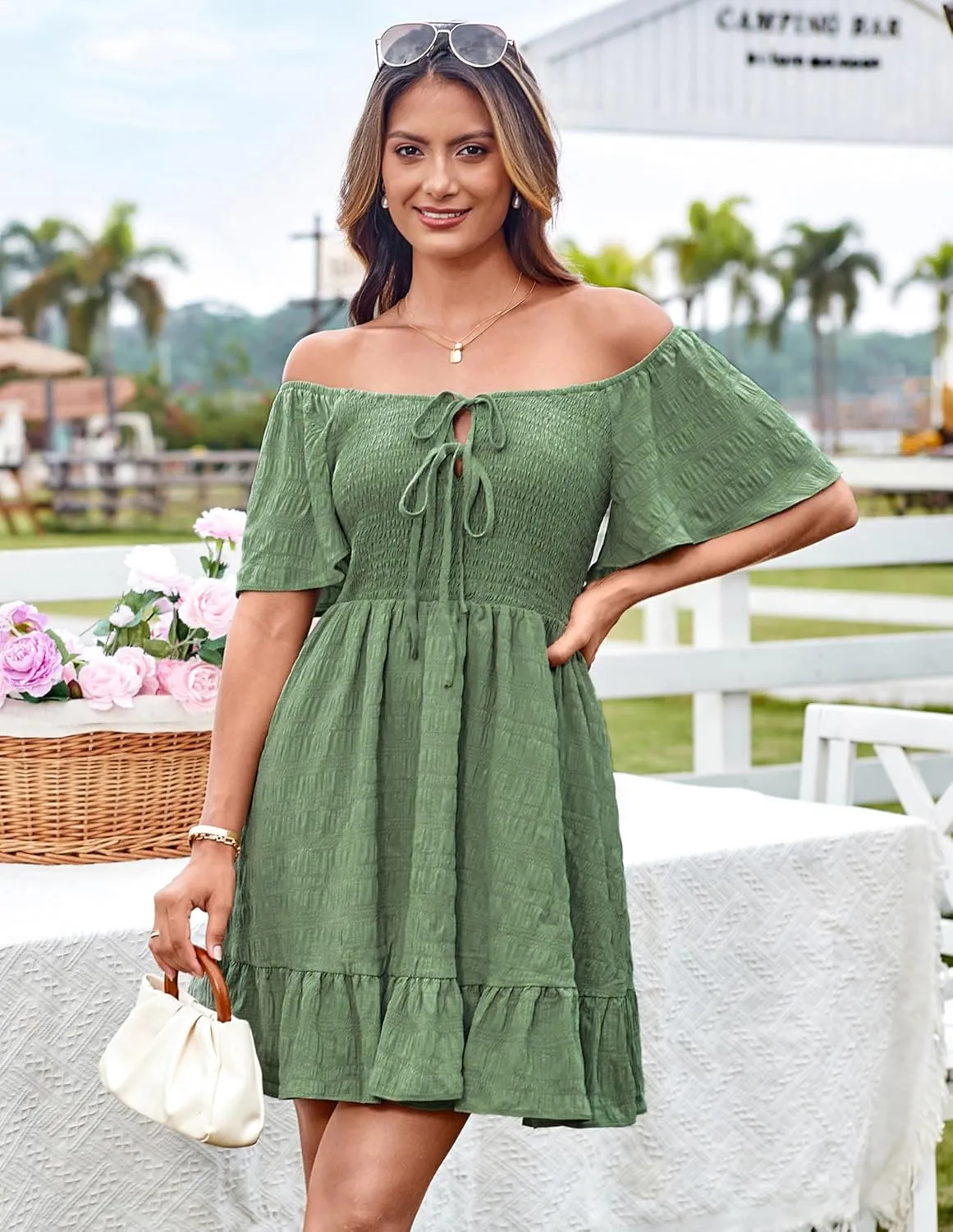 GRACE KARIN Womens Summer Short Sleeve Mini Dress Off Shoulder Tie Front Smocked Babydoll Dress Flowy A Line Casual Sundress