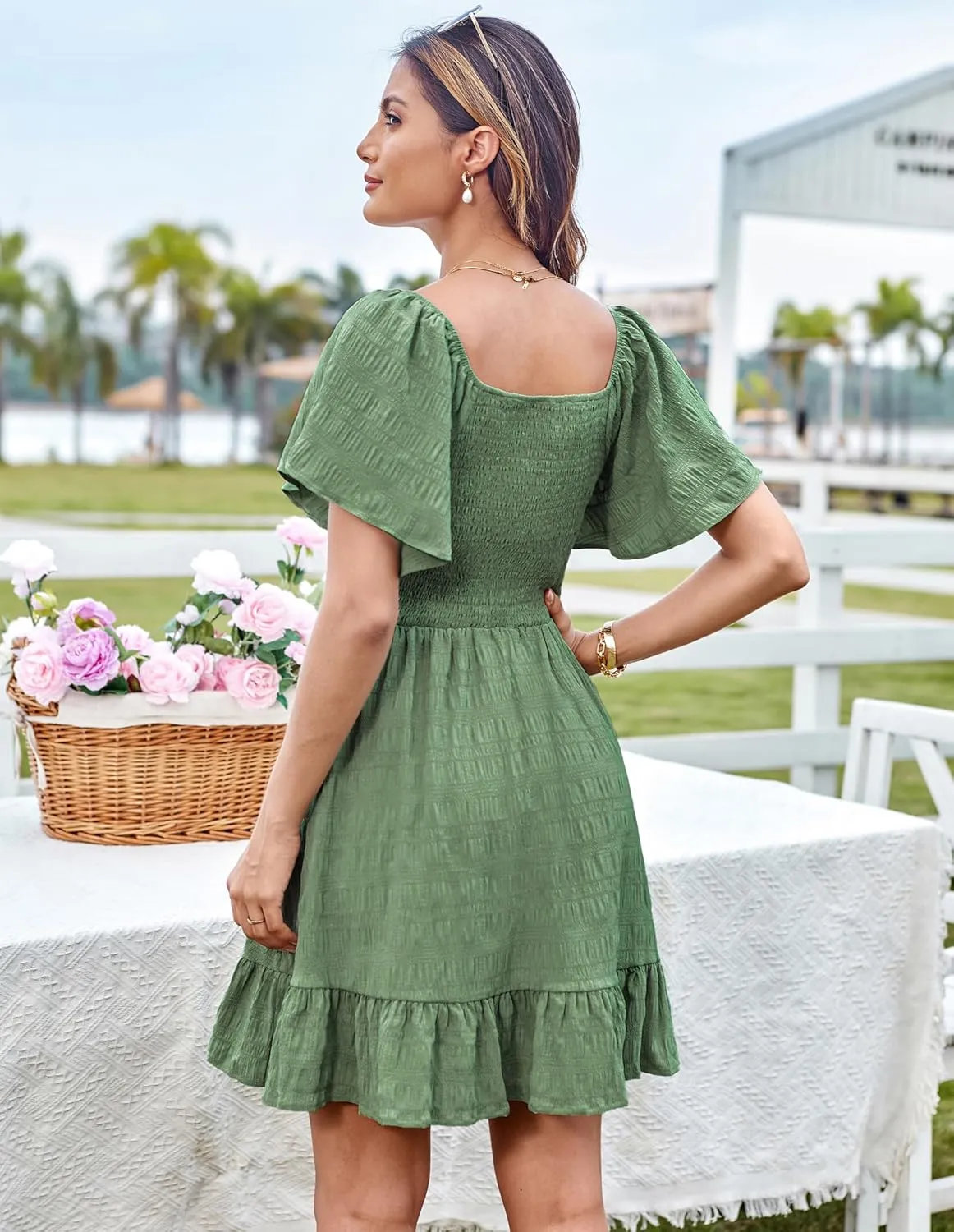 GRACE KARIN Womens Summer Short Sleeve Mini Dress Off Shoulder Tie Front Smocked Babydoll Dress Flowy A Line Casual Sundress