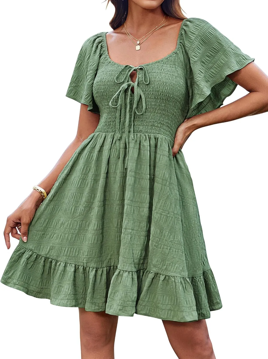 GRACE KARIN Womens Summer Short Sleeve Mini Dress Off Shoulder Tie Front Smocked Babydoll Dress Flowy A Line Casual Sundress