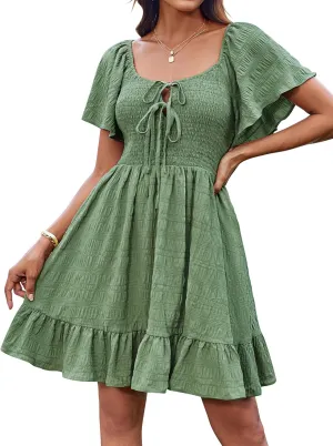 GRACE KARIN Womens Summer Short Sleeve Mini Dress Off Shoulder Tie Front Smocked Babydoll Dress Flowy A Line Casual Sundress