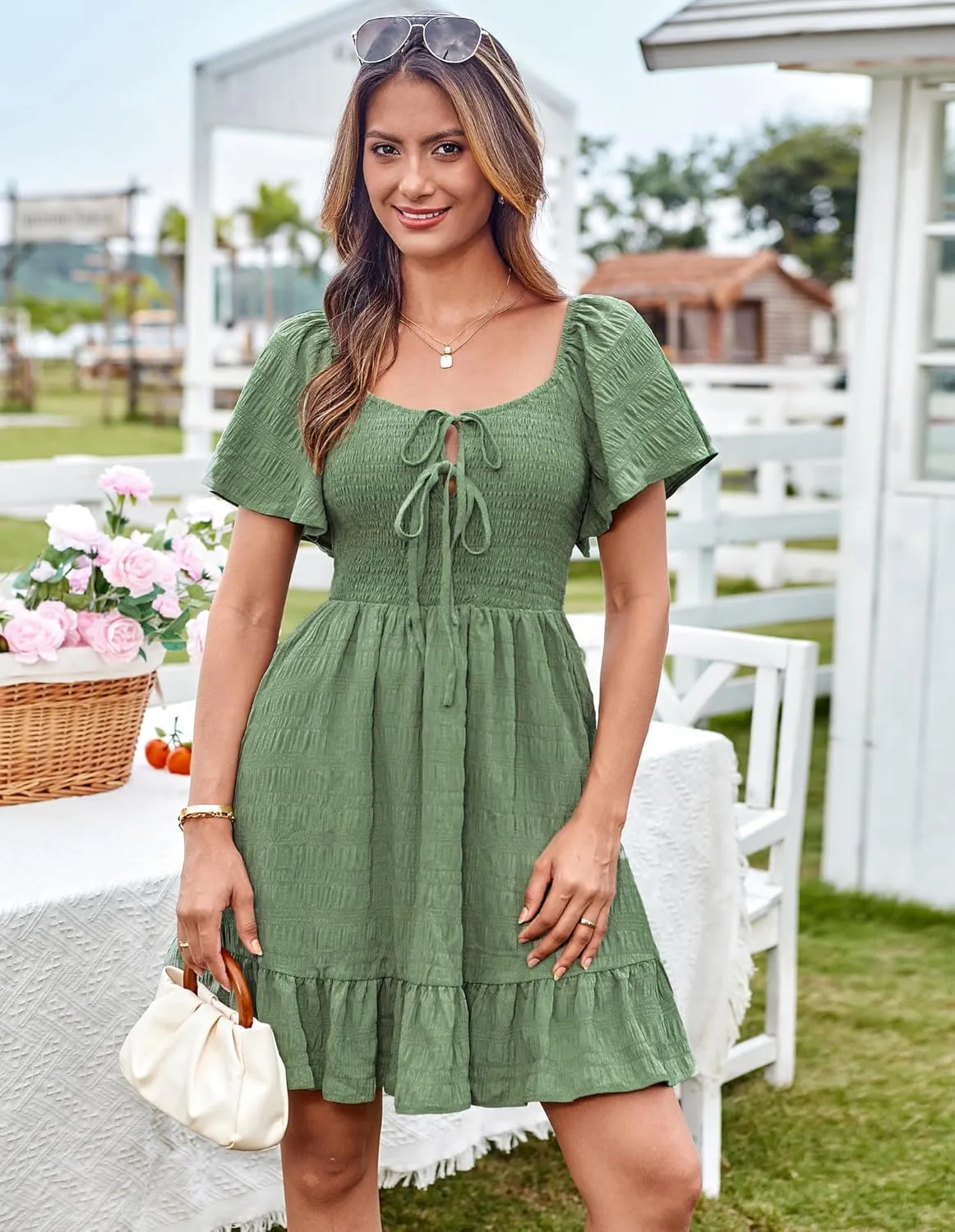 GRACE KARIN Womens Summer Short Sleeve Mini Dress Off Shoulder Tie Front Smocked Babydoll Dress Flowy A Line Casual Sundress