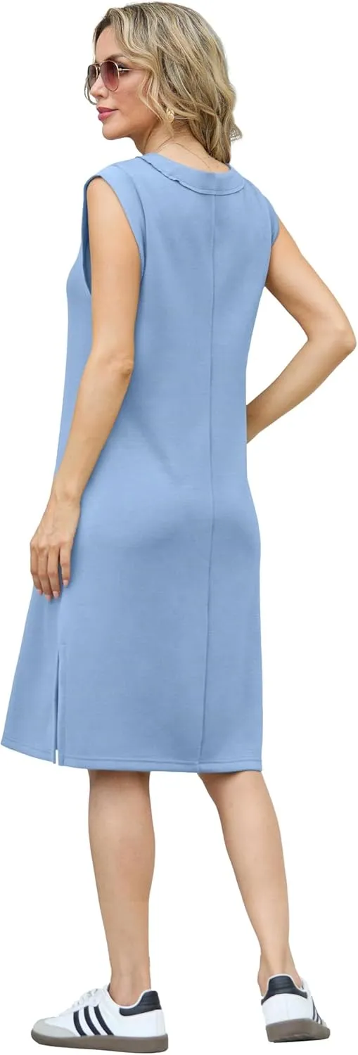 GRECERELLE 2025 Women Summer V-Neck Casual Loose Split Wrinkle-Free Midi Dress with Pockets