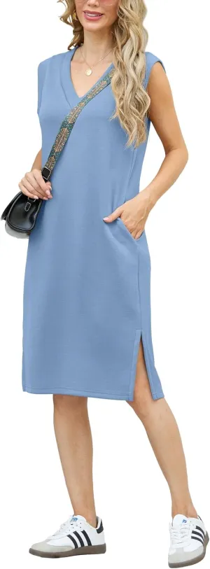 GRECERELLE 2025 Women Summer V-Neck Casual Loose Split Wrinkle-Free Midi Dress with Pockets