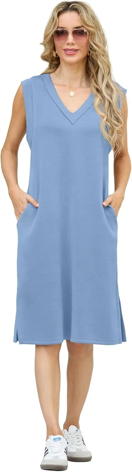 GRECERELLE 2025 Women Summer V-Neck Casual Loose Split Wrinkle-Free Midi Dress with Pockets
