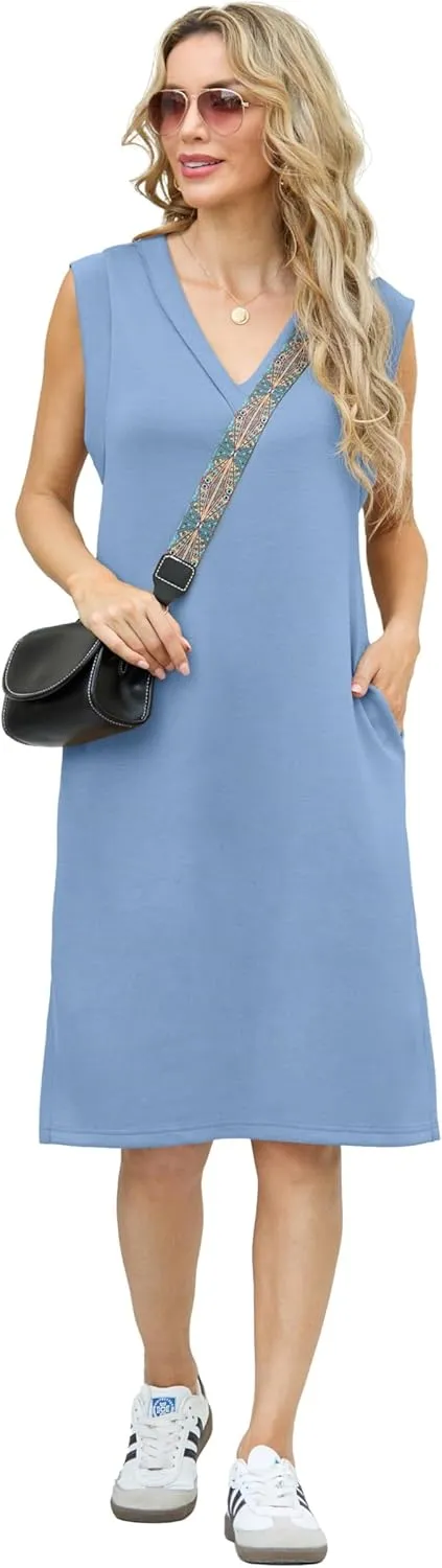 GRECERELLE 2025 Women Summer V-Neck Casual Loose Split Wrinkle-Free Midi Dress with Pockets