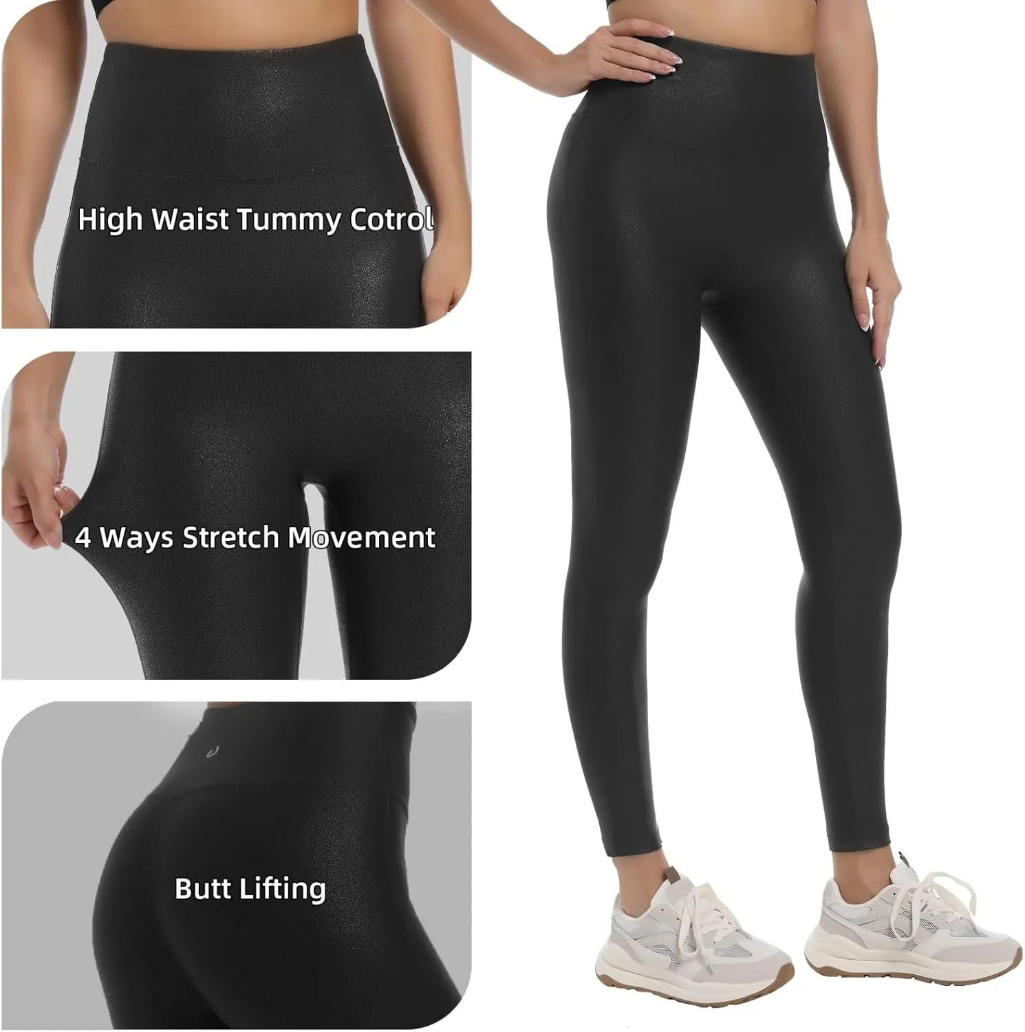 HARTPOR Faux Leather Leggings for Women 25''/ 28''- High Waisted Tummy Control Leather Pants Stretch Ankle Pleather Leggings