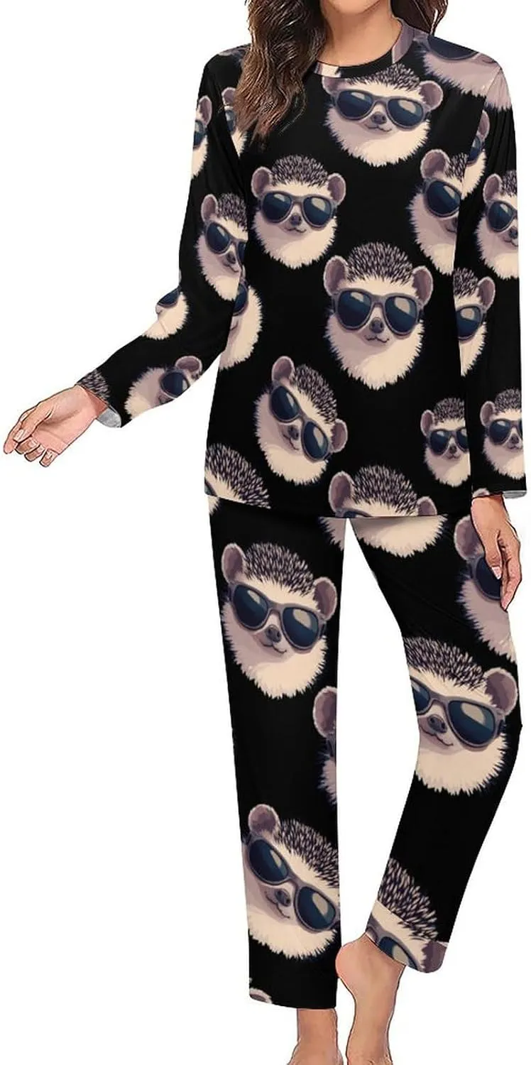 Hedgehog With Sunglasses Women's Pajama Set Long Sleeve T-shirts Top & Pant Comfort Sleepwear Loungewear