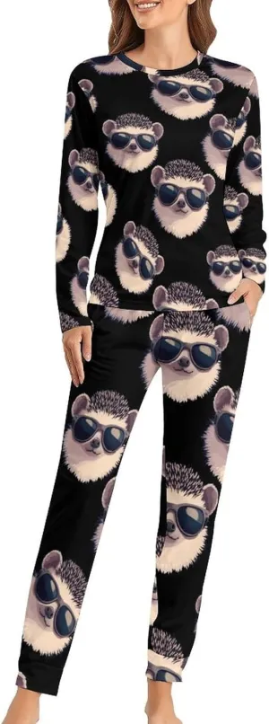 Hedgehog With Sunglasses Women's Pajama Set Long Sleeve T-shirts Top & Pant Comfort Sleepwear Loungewear