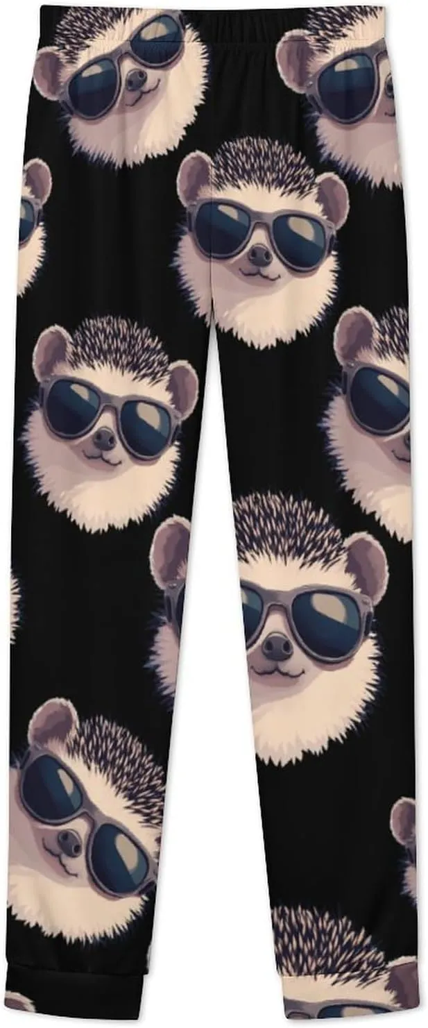 Hedgehog With Sunglasses Women's Pajama Set Long Sleeve T-shirts Top & Pant Comfort Sleepwear Loungewear