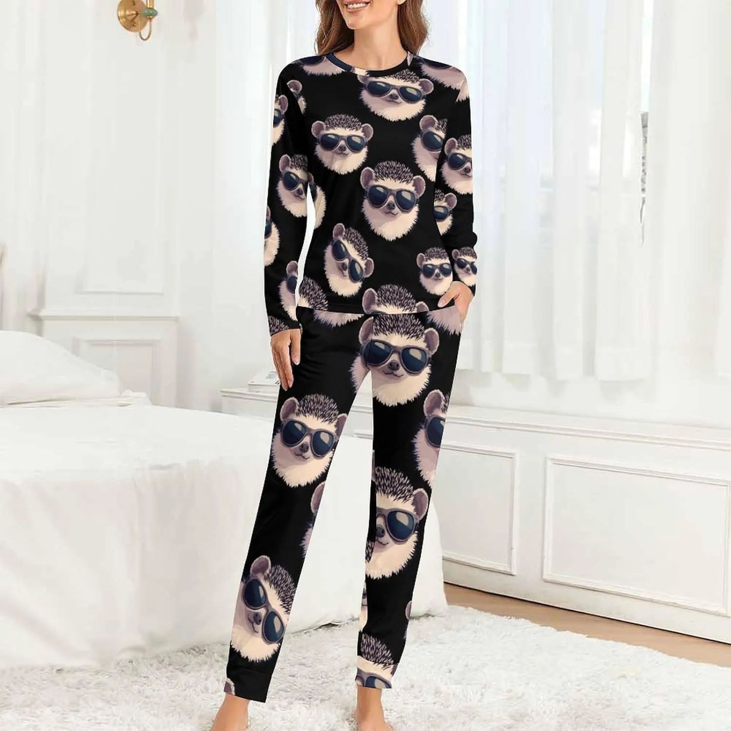 Hedgehog With Sunglasses Women's Pajama Set Long Sleeve T-shirts Top & Pant Comfort Sleepwear Loungewear