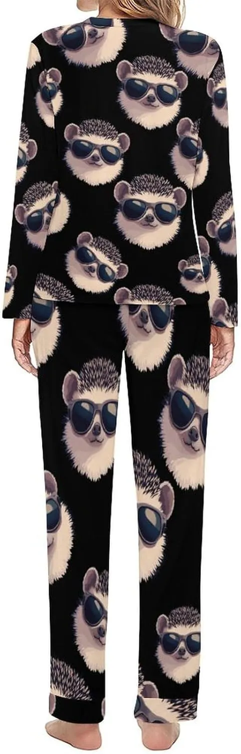 Hedgehog With Sunglasses Women's Pajama Set Long Sleeve T-shirts Top & Pant Comfort Sleepwear Loungewear