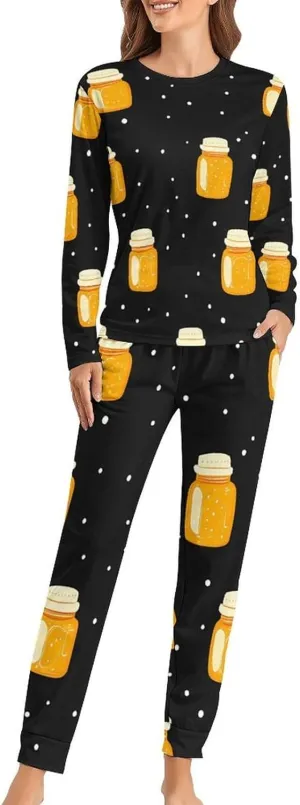 Honey Jar Polka Dots Women's Pajama Set Long Sleeve T-shirts Top & Pant Comfort Sleepwear Loungewear