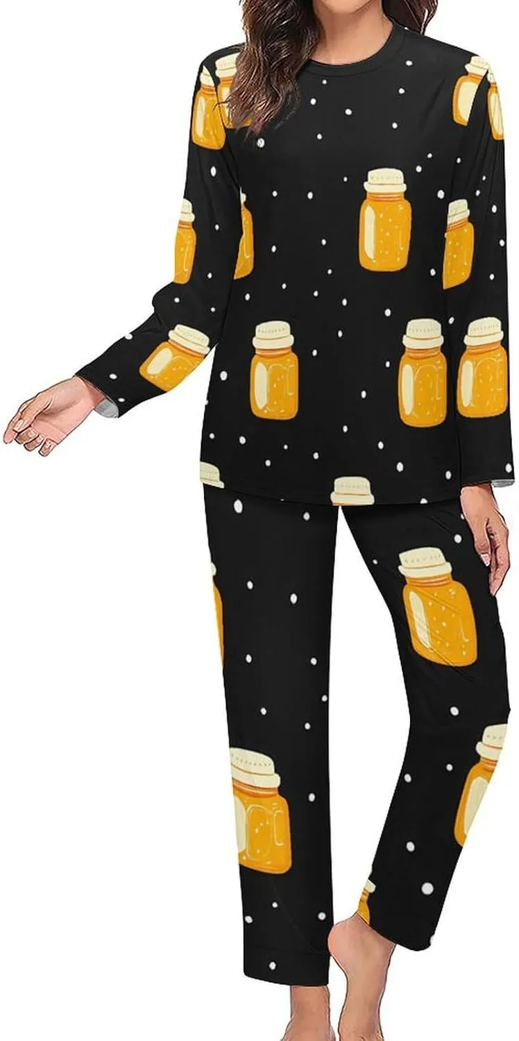 Honey Jar Polka Dots Women's Pajama Set Long Sleeve T-shirts Top & Pant Comfort Sleepwear Loungewear