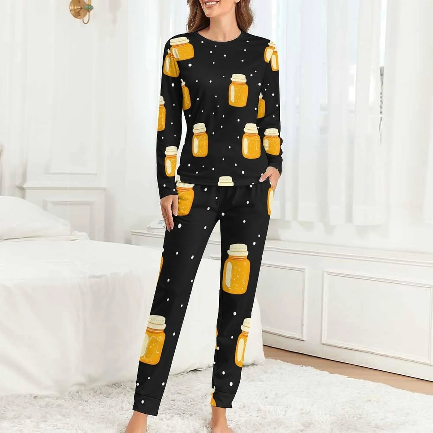 Honey Jar Polka Dots Women's Pajama Set Long Sleeve T-shirts Top & Pant Comfort Sleepwear Loungewear