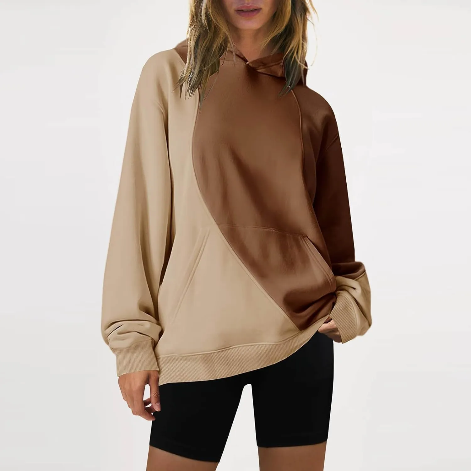 Hoodies for Women Long Sleeve Hoodies Pullover Color Block Loose Fit Hooded Sweatshirt with Pockets Casual Fall Clothes