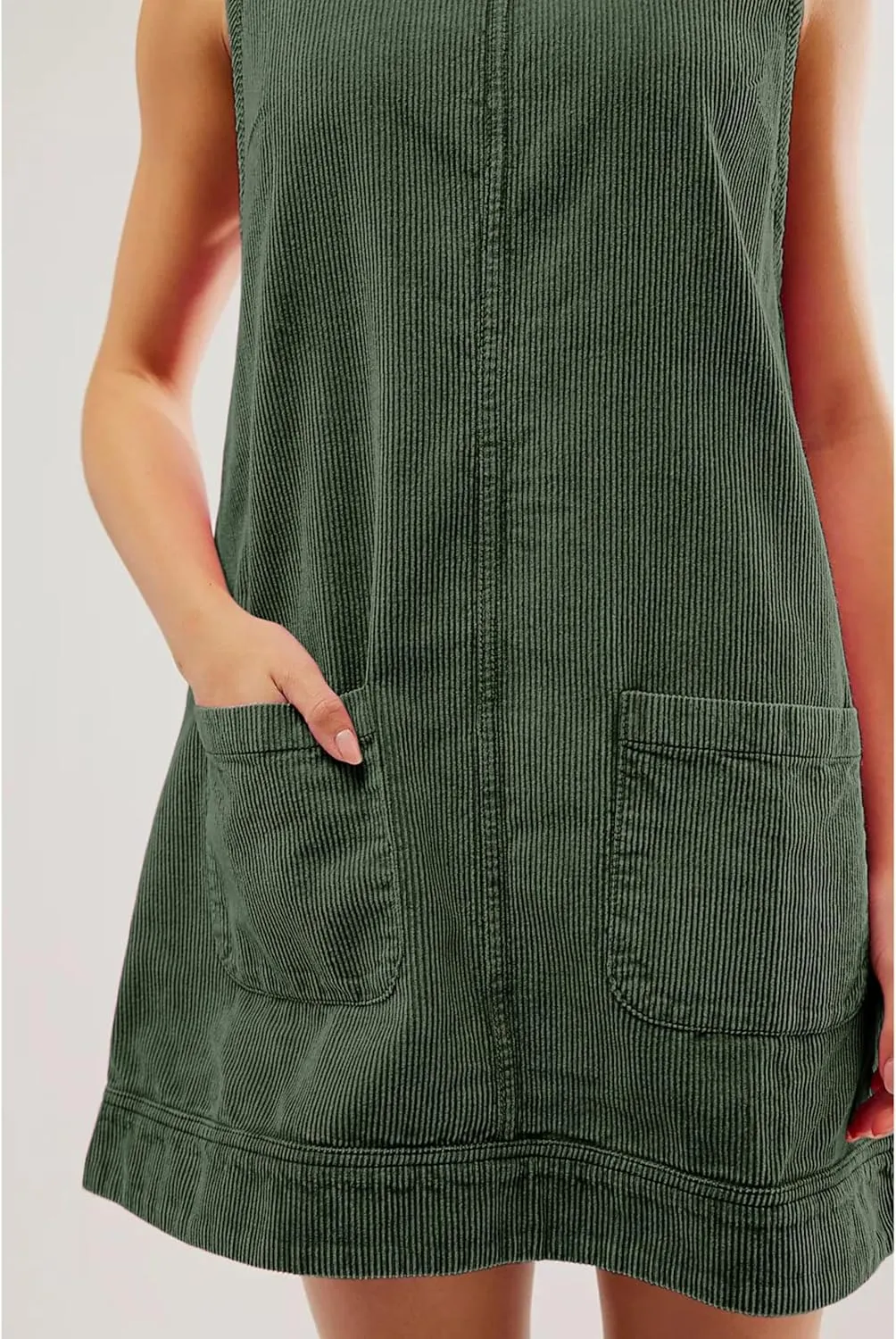 Hooever Women's Corduroy Overall Dress Round Neck A Line Skirtall Jumper Mini Dress Pinafore with Pockets