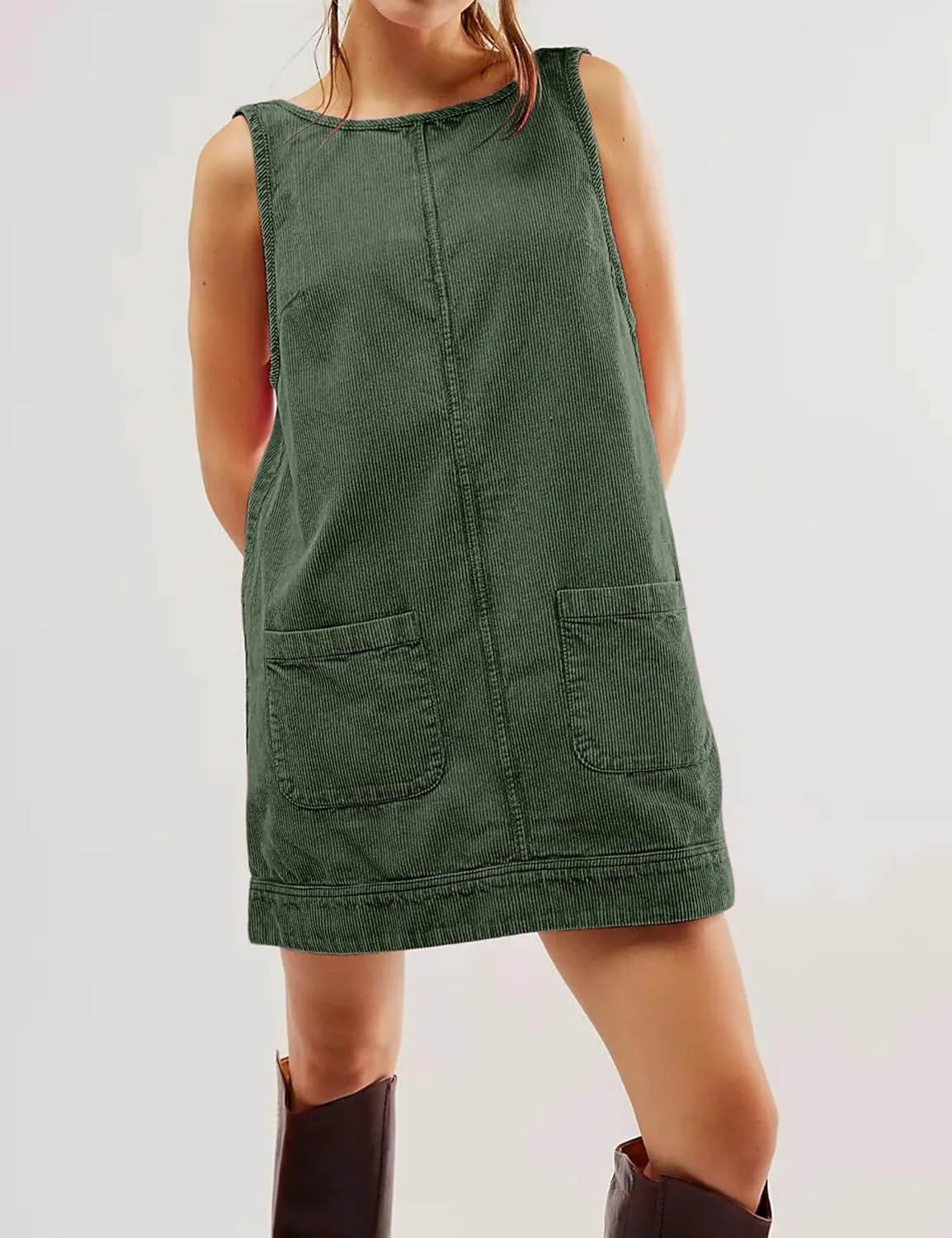 Hooever Women's Corduroy Overall Dress Round Neck A Line Skirtall Jumper Mini Dress Pinafore with Pockets