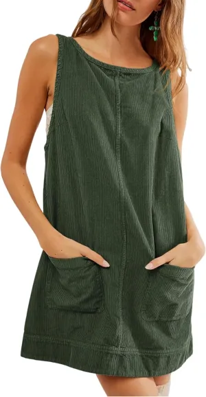 Hooever Women's Corduroy Overall Dress Round Neck A Line Skirtall Jumper Mini Dress Pinafore with Pockets