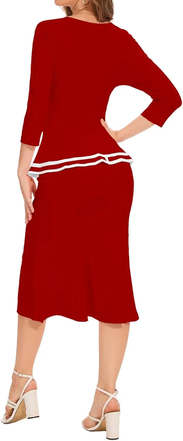 HugeNice Women's Business Work Midi Dress Elegant Bodycon Fishtail Dress Formal Church Wedding Guest Dresses