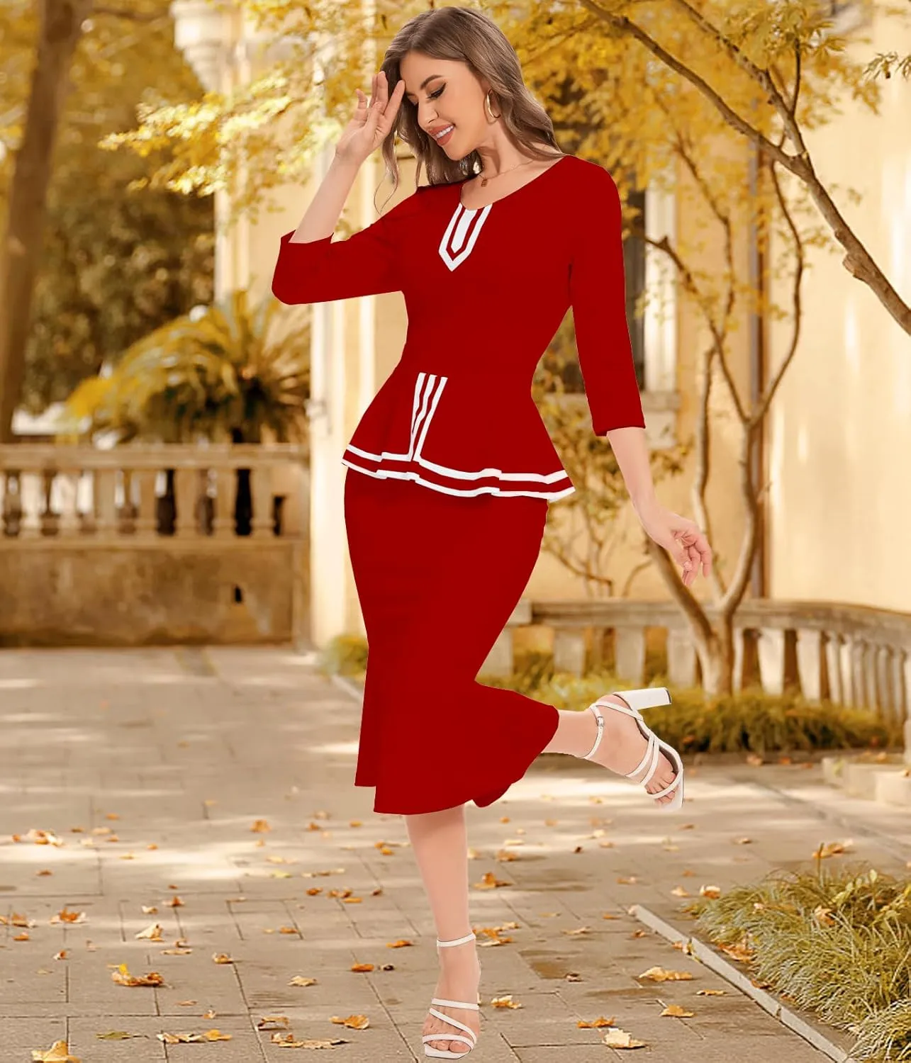 HugeNice Women's Business Work Midi Dress Elegant Bodycon Fishtail Dress Formal Church Wedding Guest Dresses