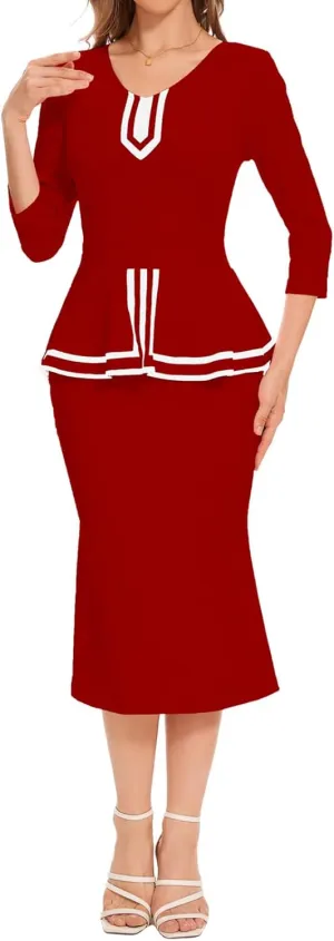 HugeNice Women's Business Work Midi Dress Elegant Bodycon Fishtail Dress Formal Church Wedding Guest Dresses