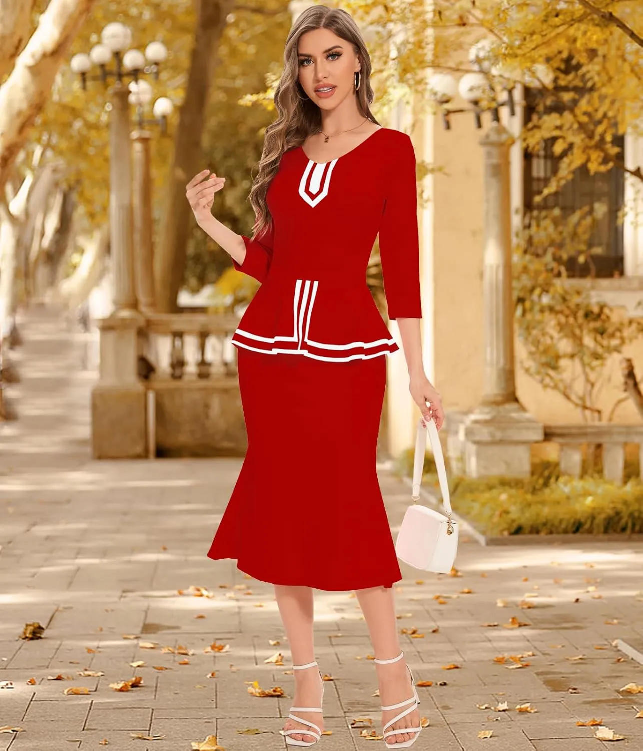 HugeNice Women's Business Work Midi Dress Elegant Bodycon Fishtail Dress Formal Church Wedding Guest Dresses