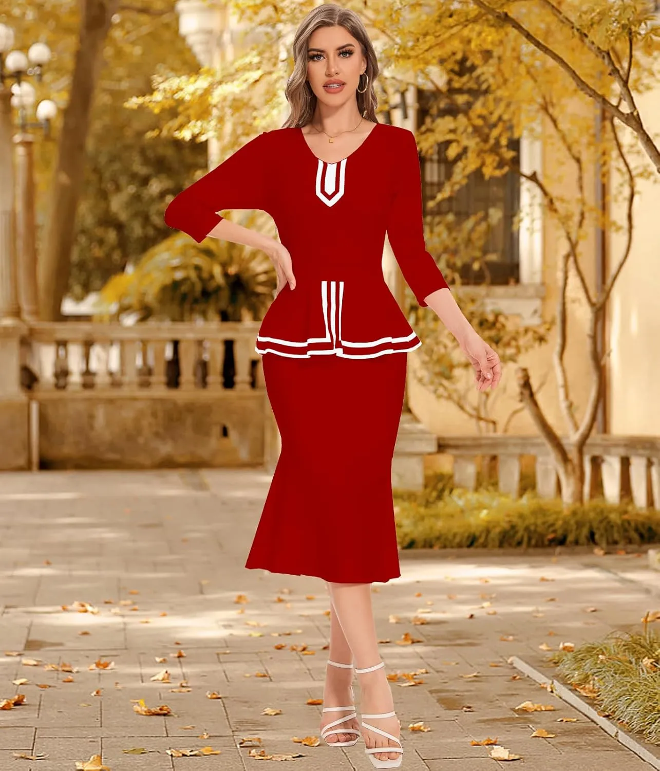 HugeNice Women's Business Work Midi Dress Elegant Bodycon Fishtail Dress Formal Church Wedding Guest Dresses