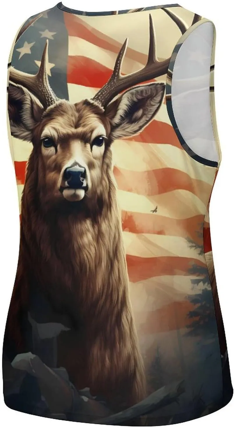 Hunting Deer U.S. Flag Mens Tank Top Undershirt Sleeveless Gym Vest Workout T-Shirts