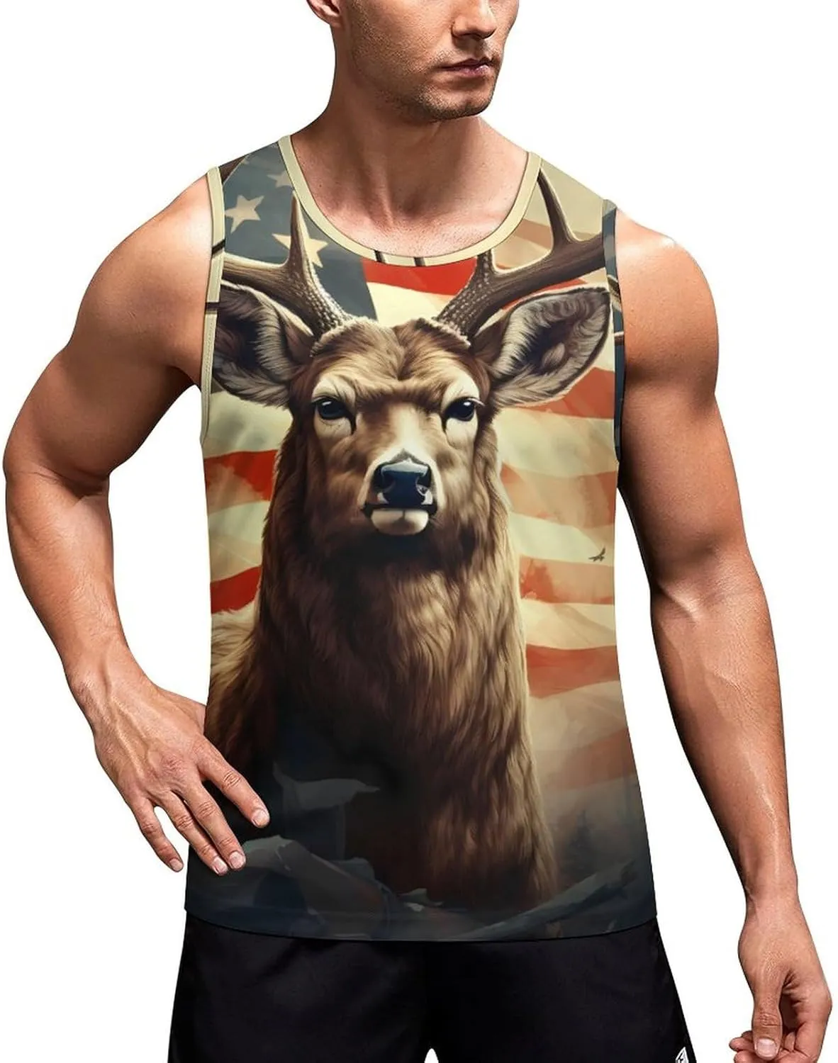 Hunting Deer U.S. Flag Mens Tank Top Undershirt Sleeveless Gym Vest Workout T-Shirts