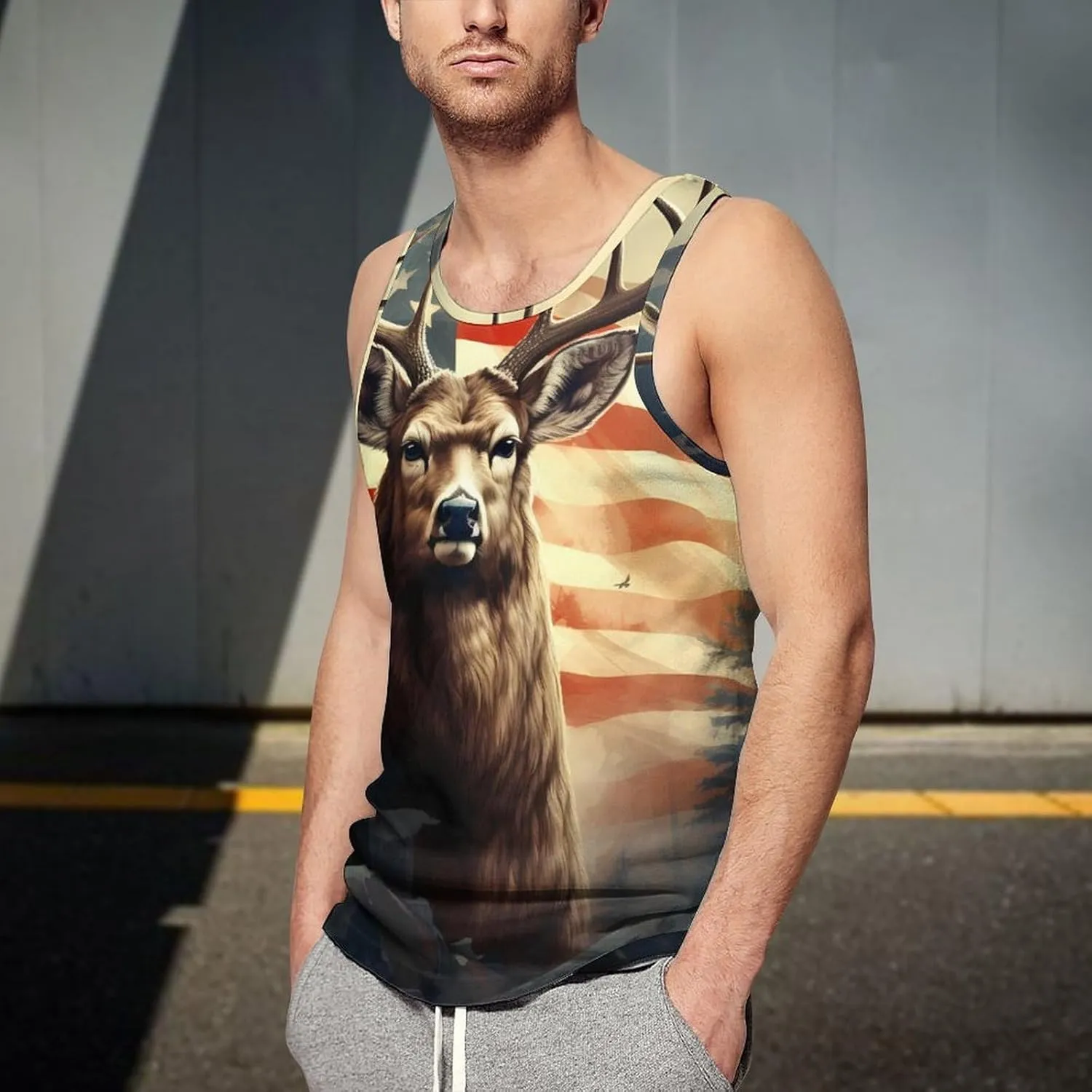 Hunting Deer U.S. Flag Mens Tank Top Undershirt Sleeveless Gym Vest Workout T-Shirts