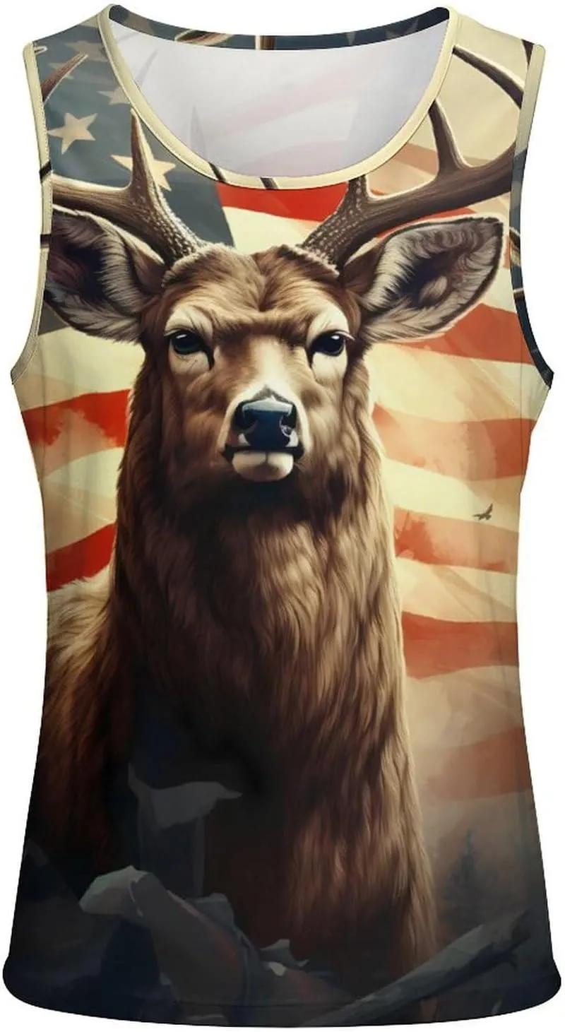Hunting Deer U.S. Flag Mens Tank Top Undershirt Sleeveless Gym Vest Workout T-Shirts