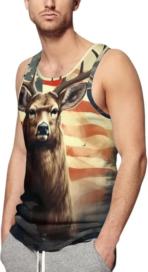 Hunting Deer U.S. Flag Mens Tank Top Undershirt Sleeveless Gym Vest Workout T-Shirts
