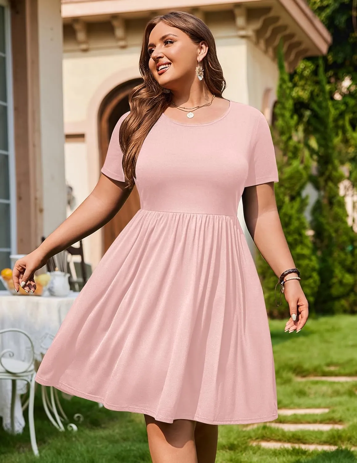 IN'VOLAND Womens Plus Size Summer Dress Short Sleeve Casual Mini Dresses Empire Waist T-Shirt Dress with Pockets